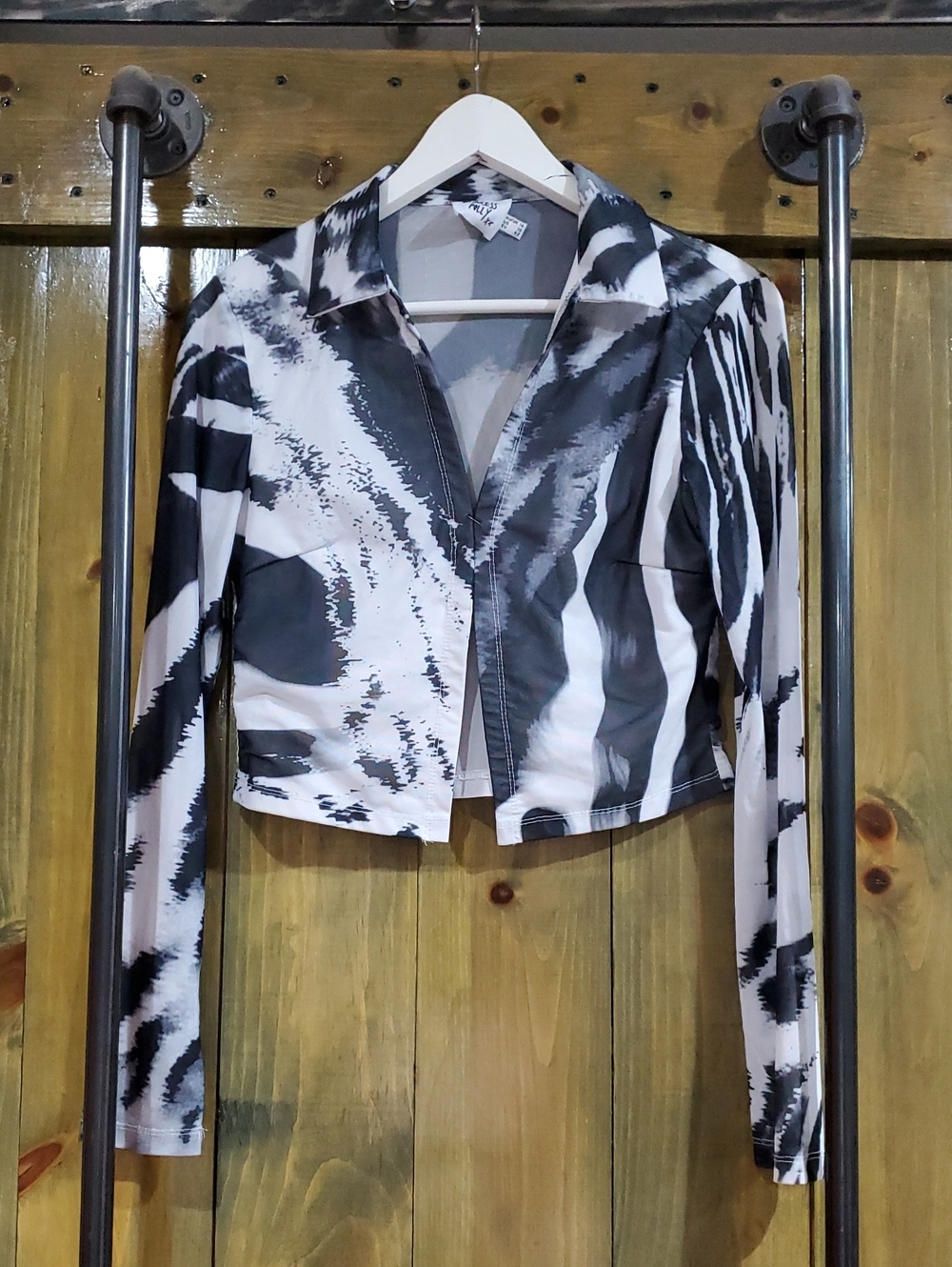 Princess Polly Abstract Black & White Sheer Crop Top Nightlife Marble Stretch